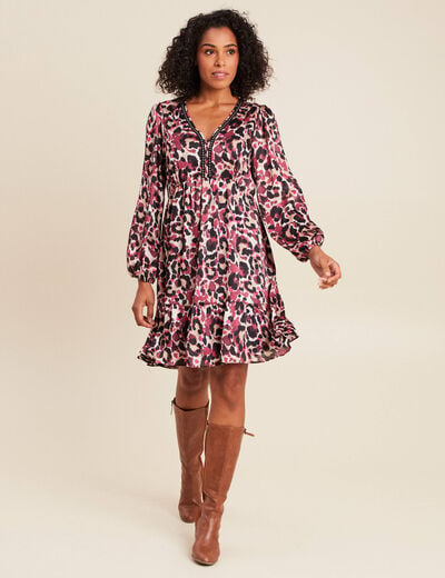 Robe courte &eacute;vas&eacute;e col v manches longues rose femme
