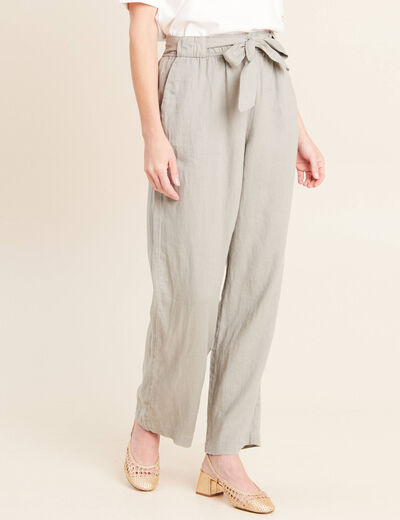 Pantalon large taille haute aspect lin vert clair femme