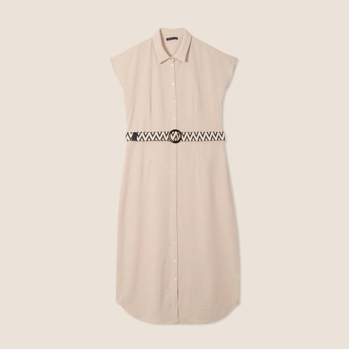 Robe chemise droite ceintur&eacute;e sable femme