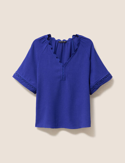 Blouse fluide col v manches courtes bleu fonc&eacute; femme