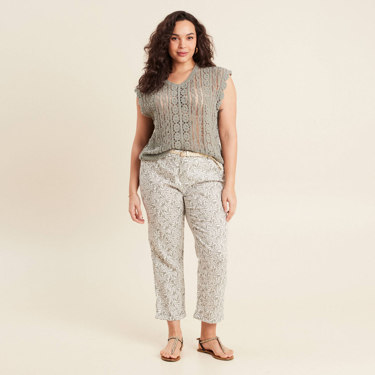 Pantalon coupe chino en lin vert kaki femme