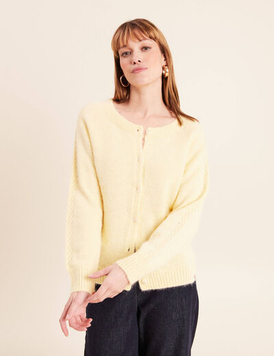 Gilet manches longues col rond jaune pastel femme