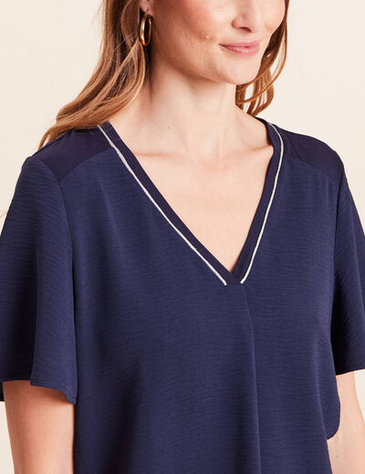 T-shirt bi-mati&egrave;re manches courtes bleu marine femme