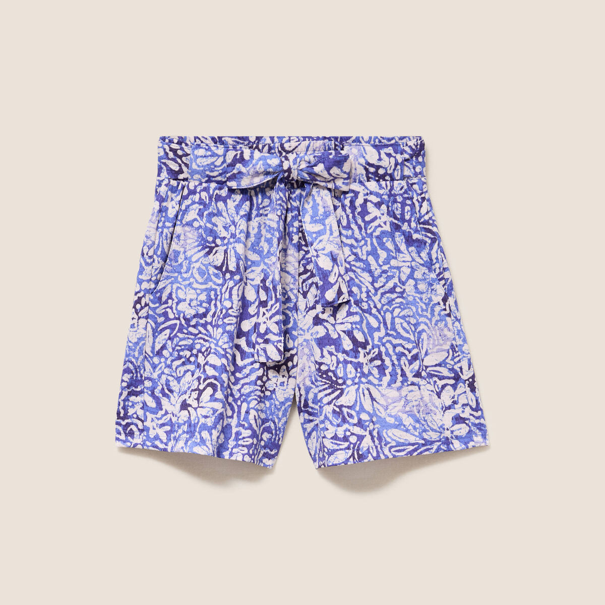 Short droit ceintur&eacute; bleu femme