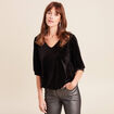 T-shirt velours col v manches 3/4 strass noir femme