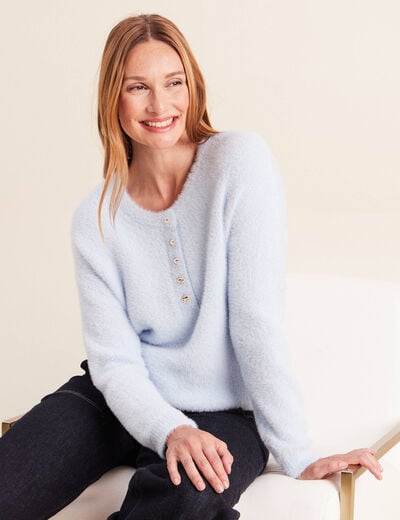 Pull col tunisien bleu pastel femme