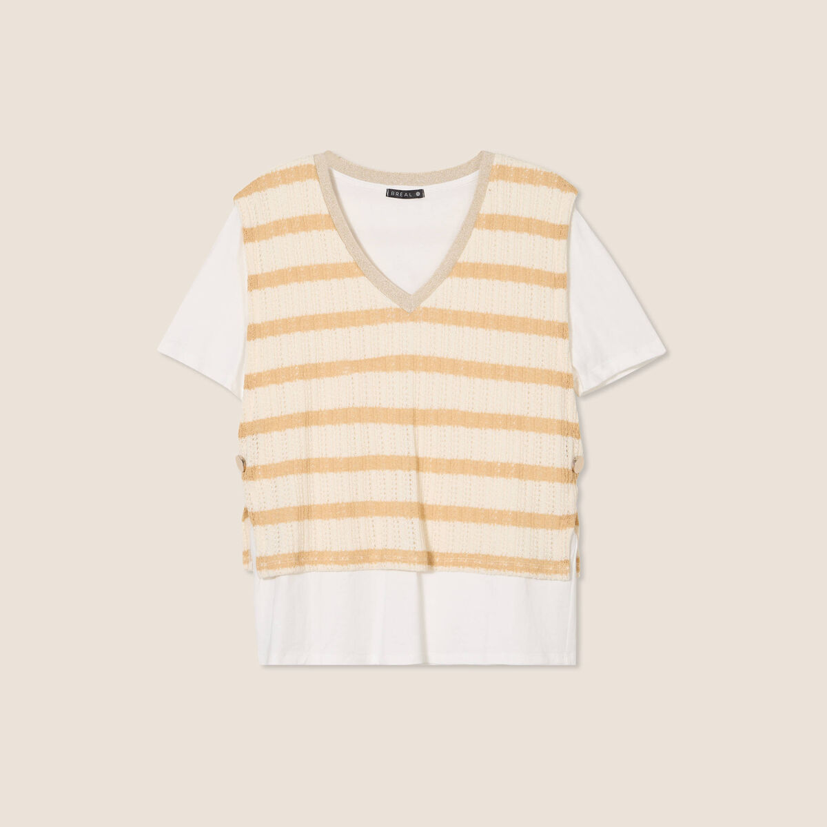 T-shirt effet 2 en 1 manches courtes beige femme