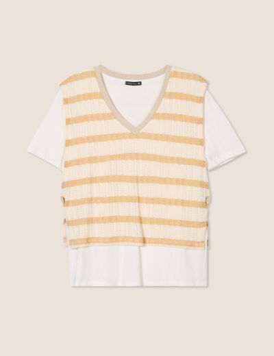 T-shirt effet 2 en 1 manches courtes beige femme