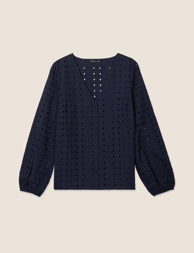 Chemise manches 3/4 brodée bleu foncé femme