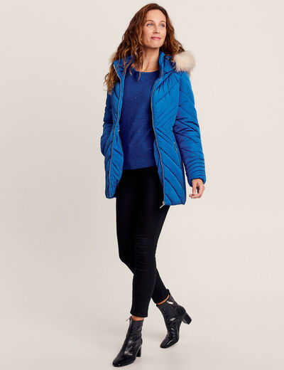 Doudoune d&eacute;perlante &agrave; capuche amovible bleu electrique femme