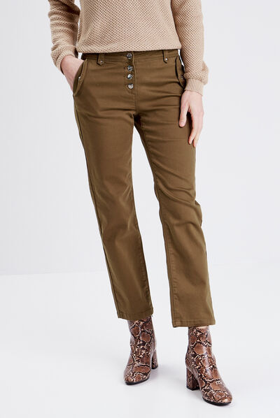 Pantalon droit boutonné vert olive femme