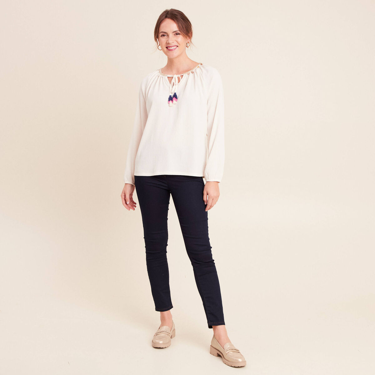Blouse col tunisien manches longues ecru femme