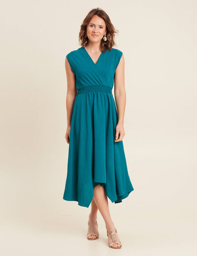 Robe évasée taille smockée vert femme