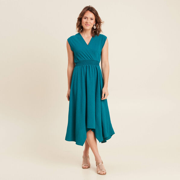 Robe évasée taille smockée vert femme