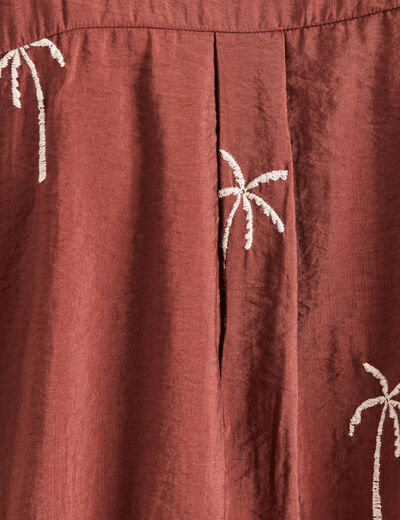Chemise fluide brod&eacute;e manches longues marron femme