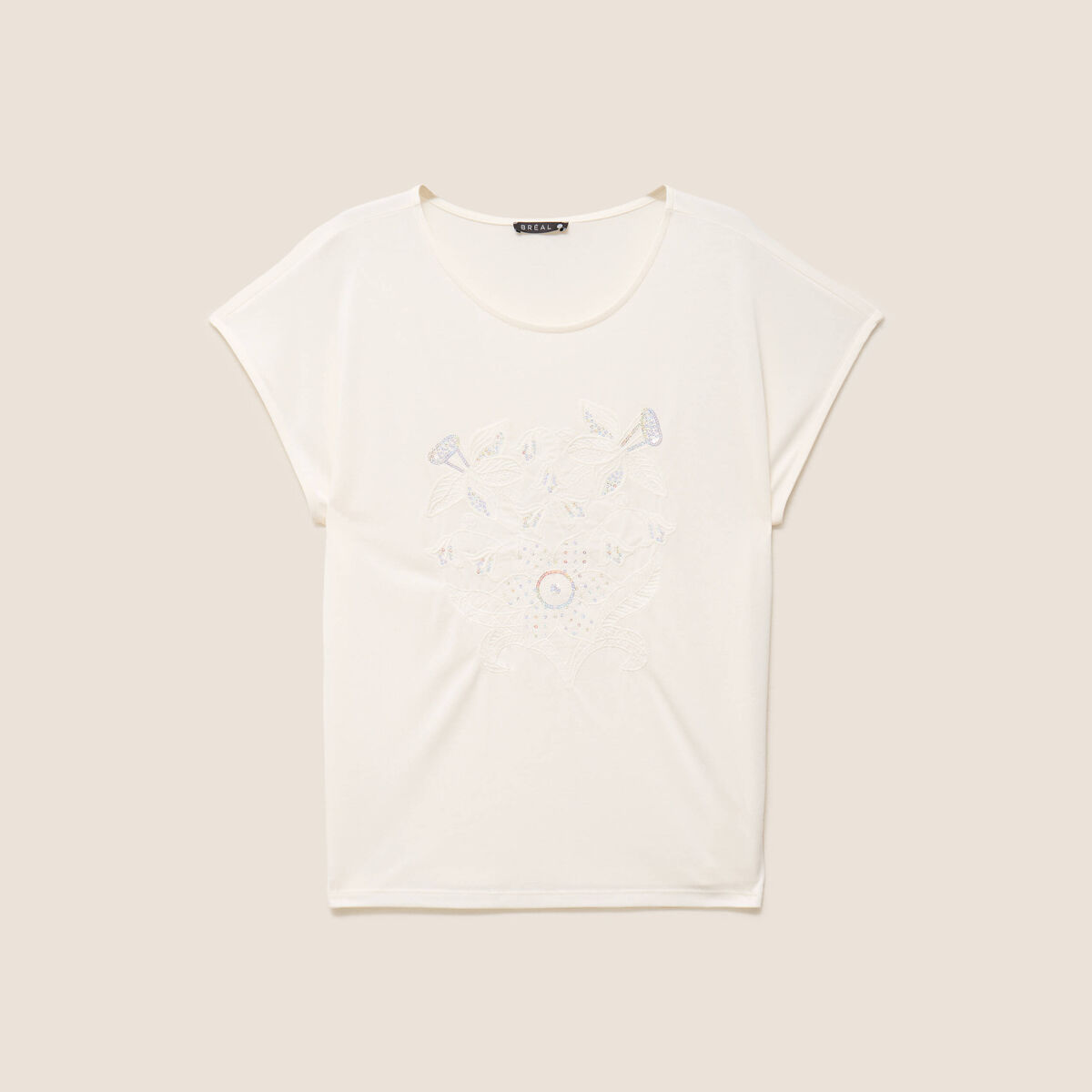 T-shirt col rond manches courtes brod&eacute; ecru femme