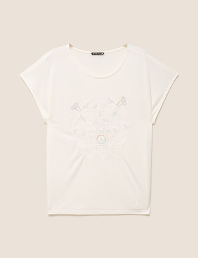 T-shirt col rond manches courtes brod&eacute; ecru femme