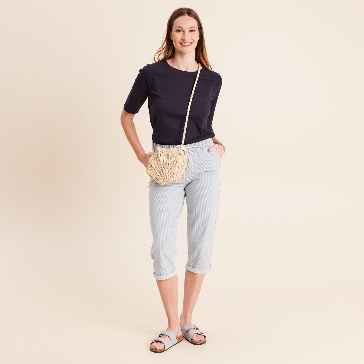 Pantacourt coupe mom bleu femme