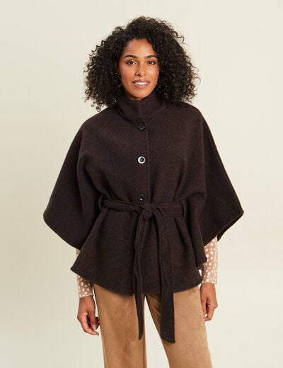 Poncho ceintur&eacute; en polyester recycl&eacute; marron fonc&eacute; femme