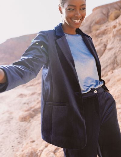 Veste velours manches longues doubl&eacute;e bleu marine femme