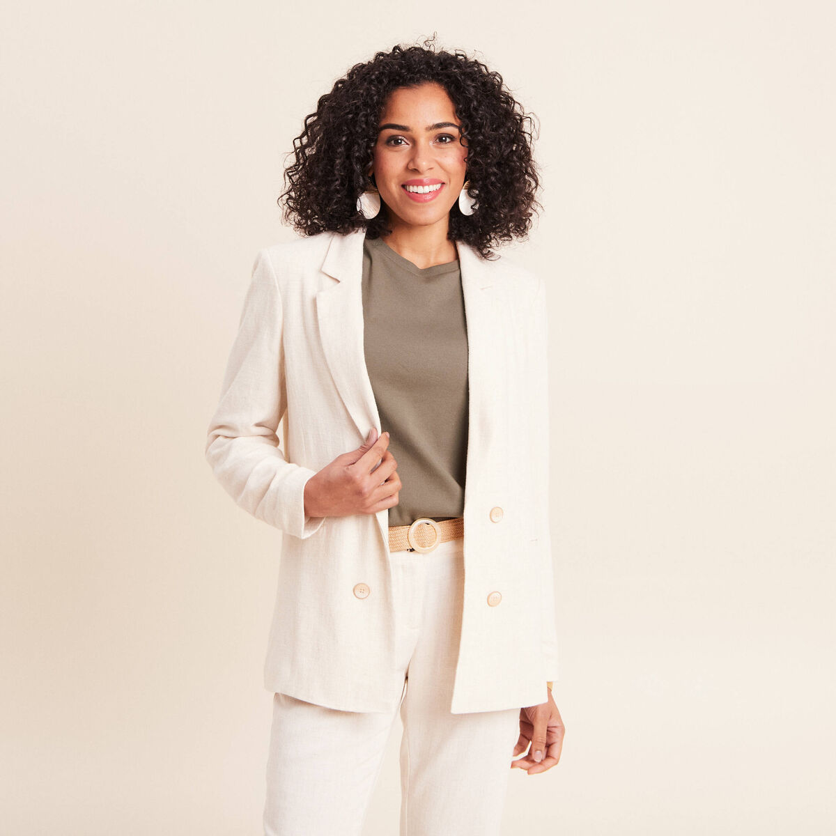 Blazer droit long manches 3/4 doubl&eacute; beige femme