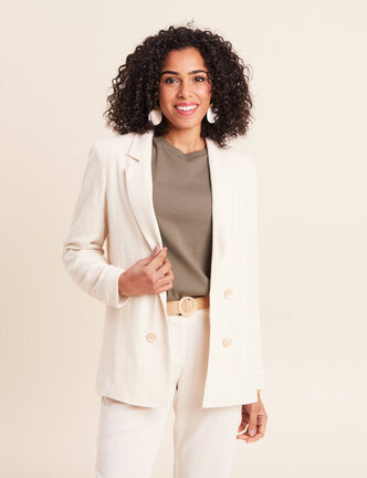 Blazer droit long manches 3/4 doubl&eacute; beige femme