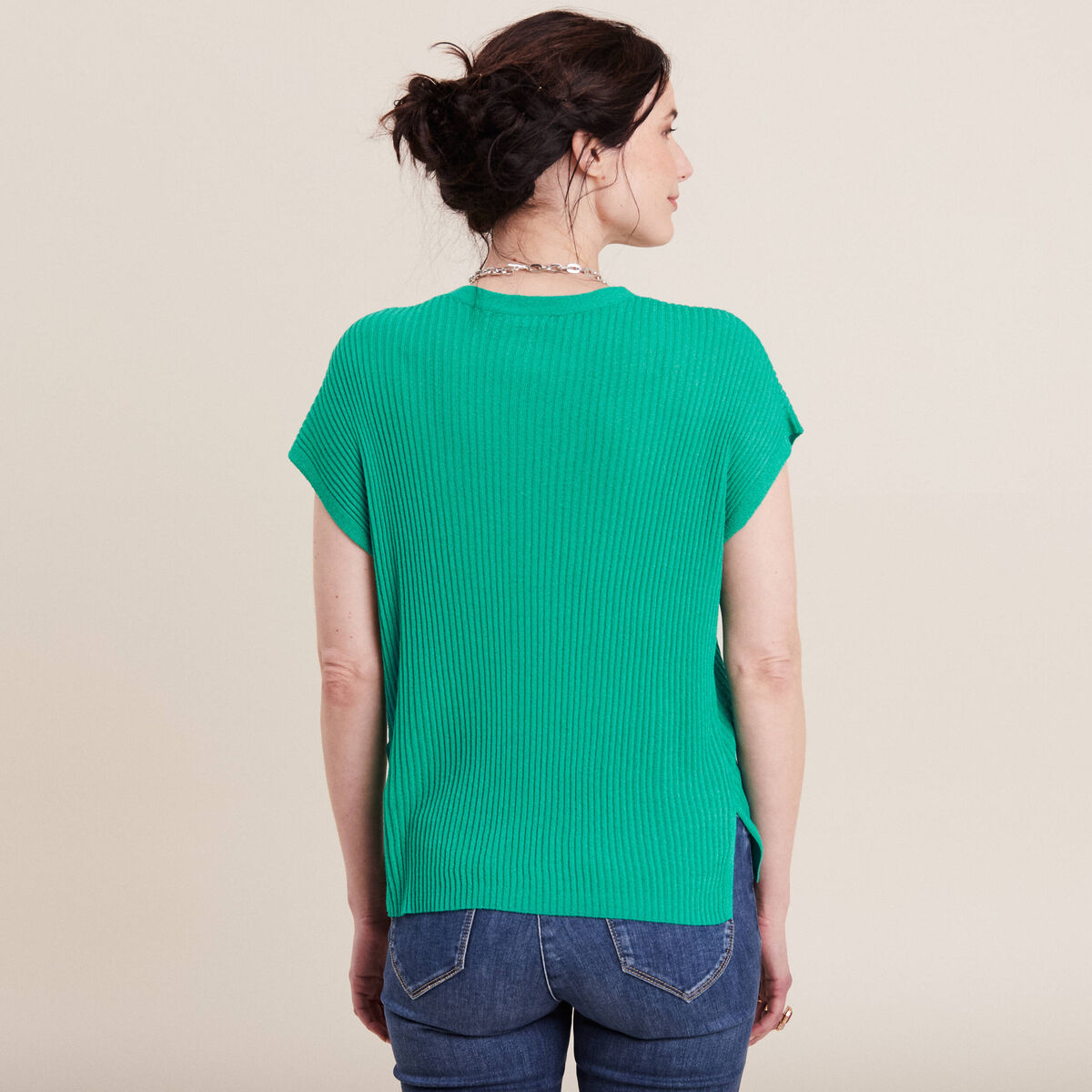 Pull à manches courtes vert turquoise femme