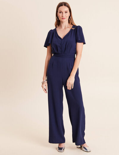 Combinaison large col v manches courtes bleu marine femme