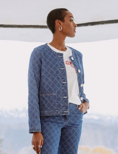 Veste courte droite en jean doubl&eacute;e denim stone femme
