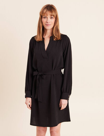 Robe droite courte col v manches longues noir femme