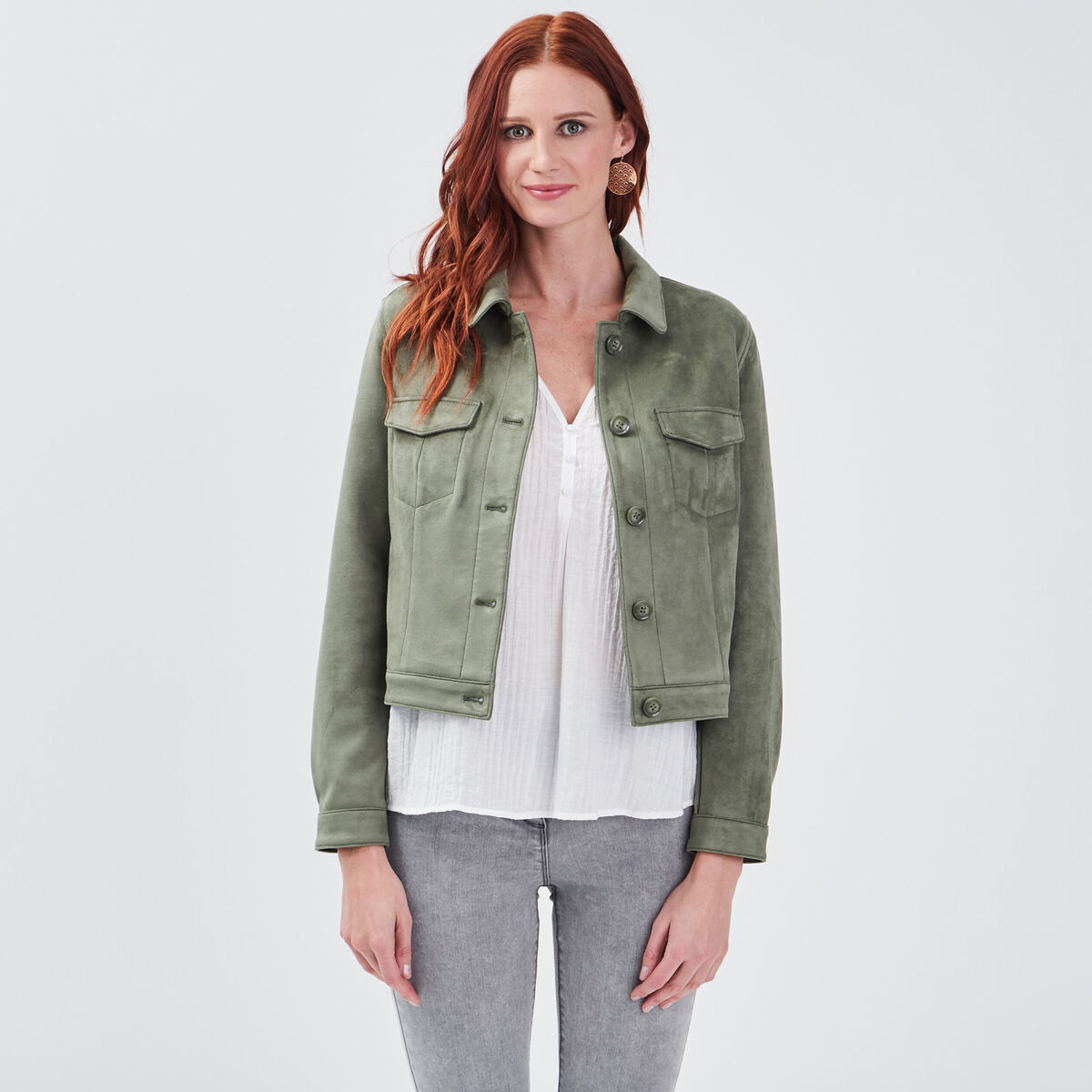 Blouson droit effet suédine vert kaki femme