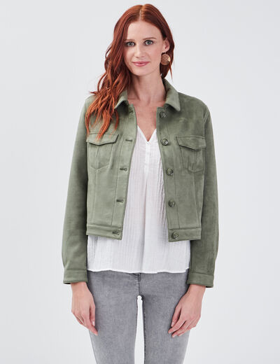 Blouson droit effet suédine vert kaki femme