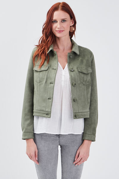 Blouson droit effet suédine vert kaki femme