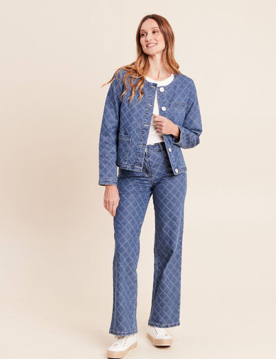 Veste courte droite en jean doubl&eacute;e denim stone femme