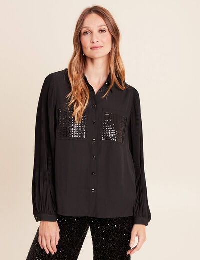 Chemise fluide &agrave; sequins manches longues noir femme