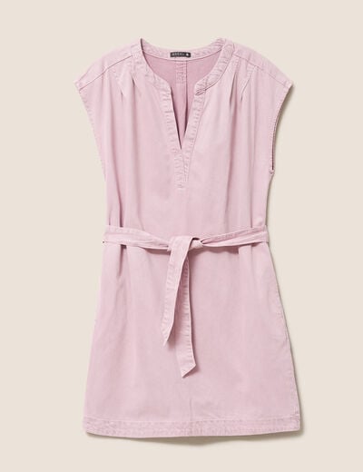 Robe courte ceintur&eacute;e col tunisien rose femme