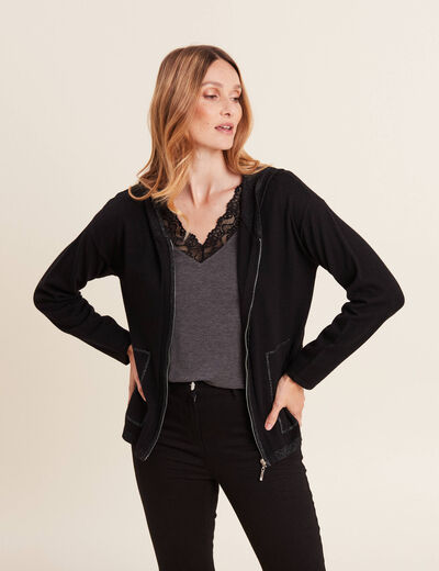 Gilet manches longues à capuche noir femme