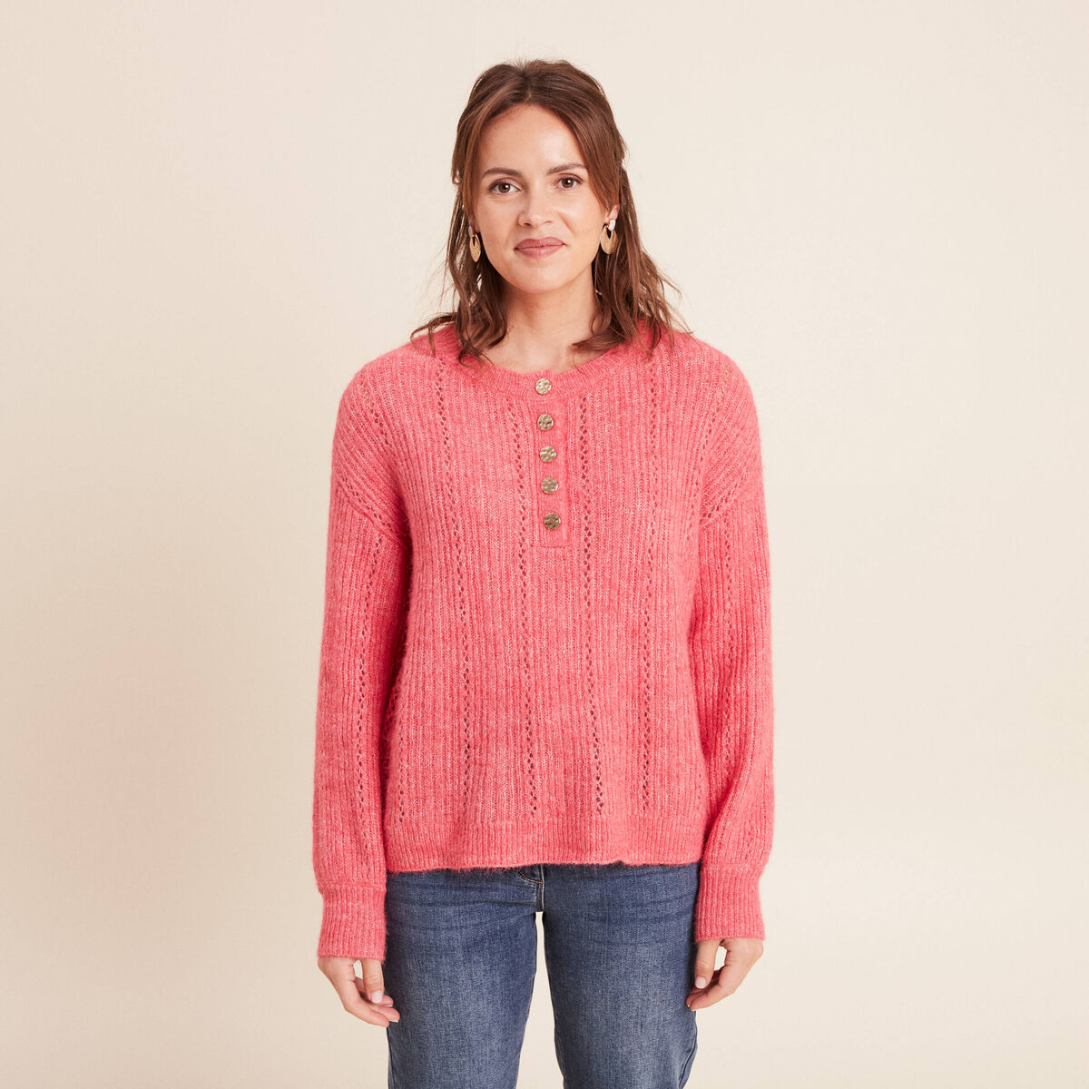 Pull col tunisien manches longues rose femme