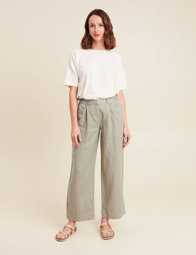 Pantalon droit 7/8ème en lin vert clair femme