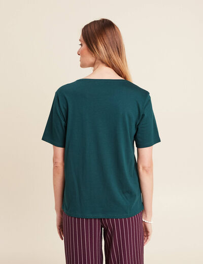 T-shirt droit col rond manches courtes vert foncé femme