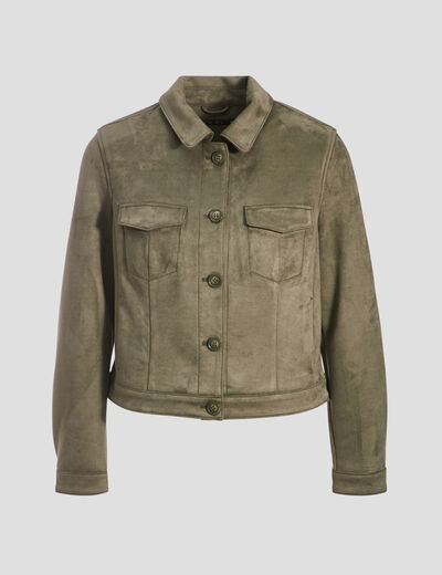 Blouson droit effet suédine vert kaki femme