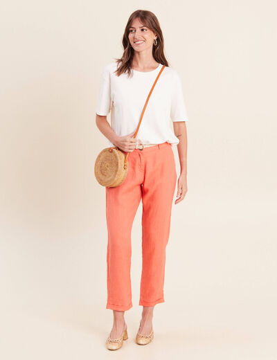 Pantalon coupe chino en lin ceintur&eacute; orange fluo femme