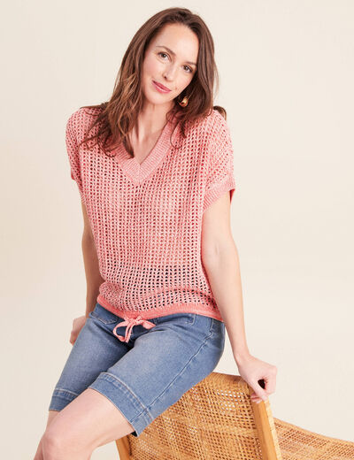 Pull col v manches courtes rouge femme