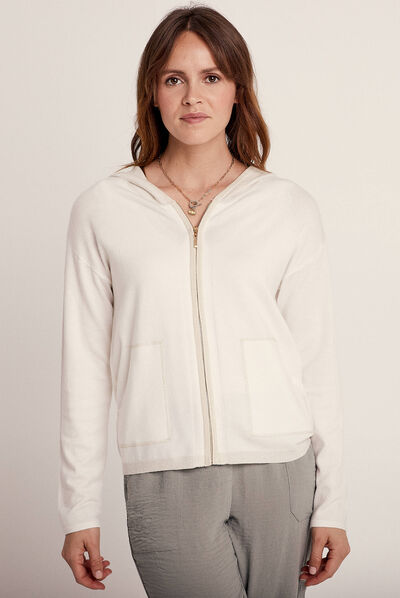 Gilet manches longues à capuche ecru femme