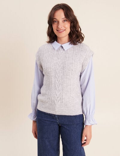 Pull bi-mati&egrave;re col chemise gris clair femme