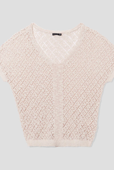 Pull manches courtes ajouré vieux rose femme