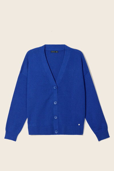 Gilet manches longues col en V bleu foncé femme
