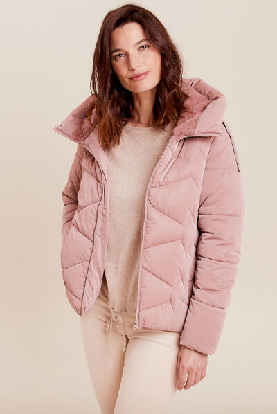 Doudoune droite à capuche vieux rose femme