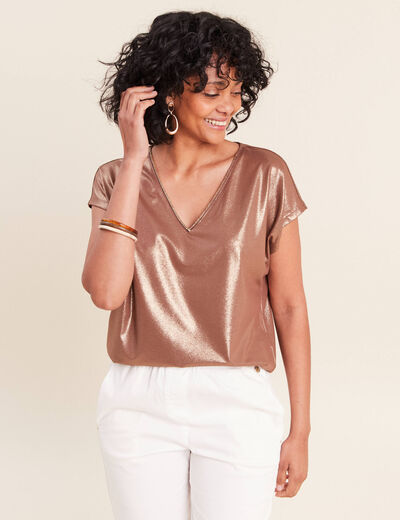 T-shirt col V manches courtes marron femme