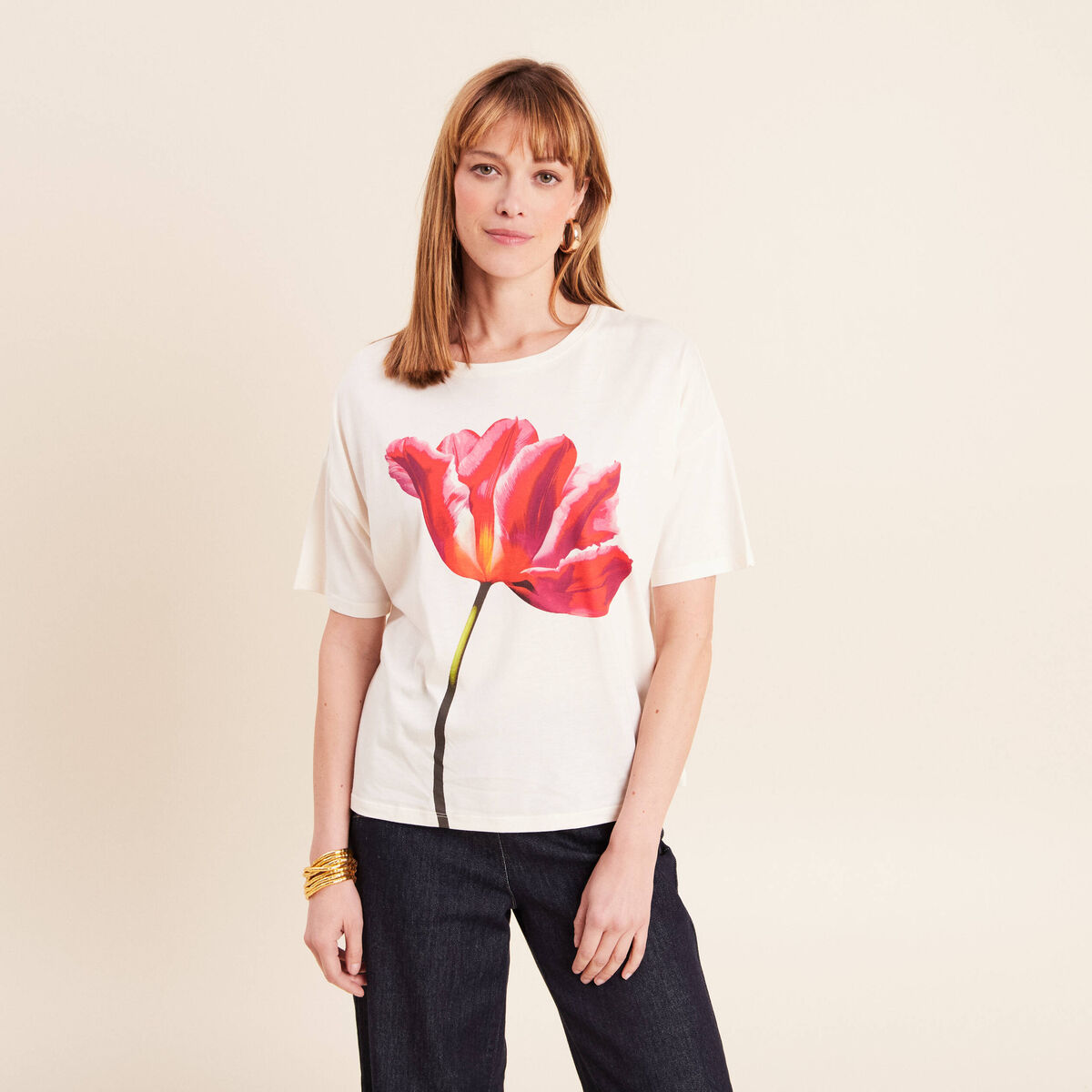 T-shirt col rond manches courtes ecru femme